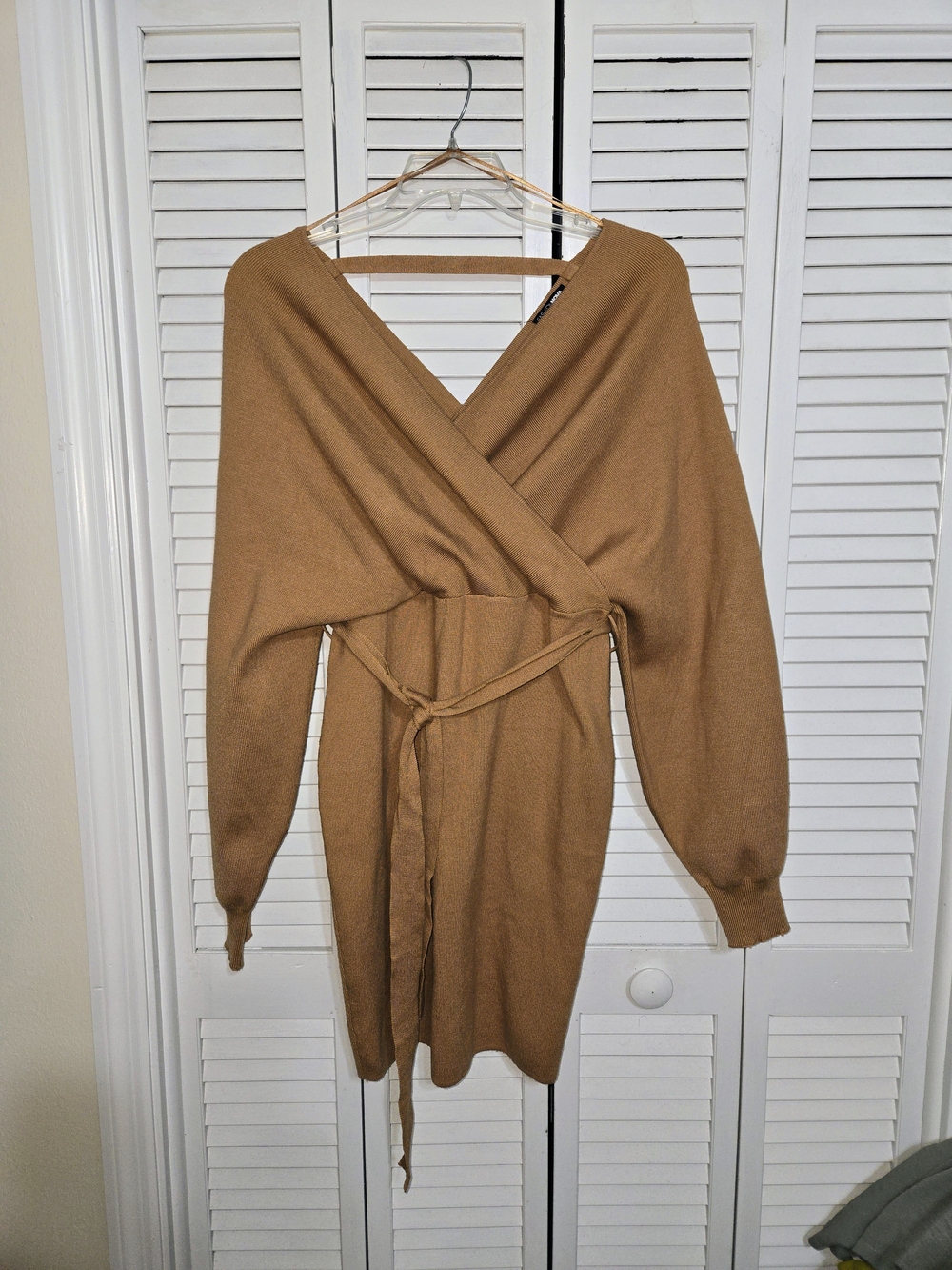 Fashion Nova Women's 1X Camel Faux Wrap Sweater Dress